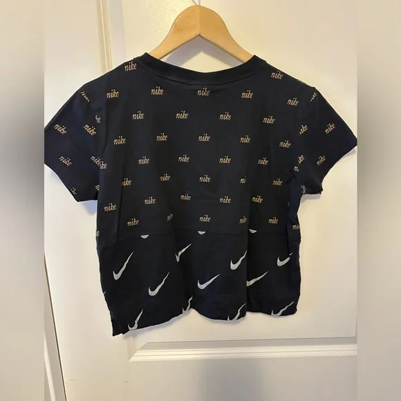 Nike metallic crop tee. Black w gold & white logo swoosh print. - Picture 5 of 7